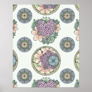 Hart en bloemen doodle art print, groot poster