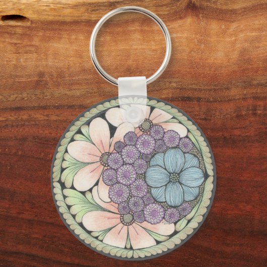 Hart en bloemen doodle kunst sleutelhanger. sleutelhanger (Achterkant)