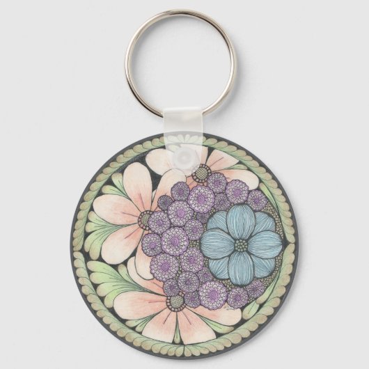 Hart en bloemen doodle kunst sleutelhanger. sleutelhanger (Achterkant)