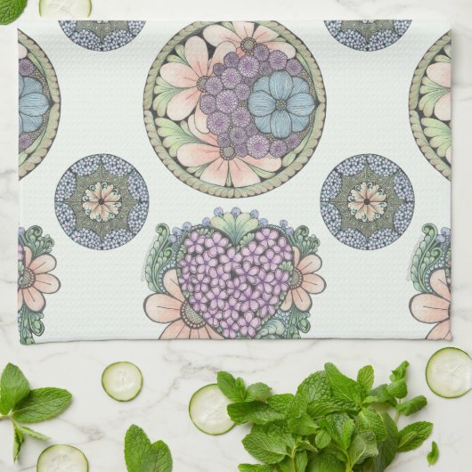 Hart en bloemen doodle kunst theedoek (Gevouwen)