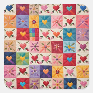 Hart en bloemen quilt vierkante sticker