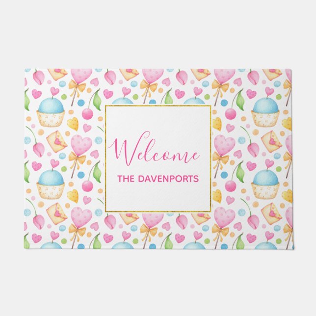 Hart- en Cupcakes heerlijk Waterverf patroon Deurmat (Voorkant)