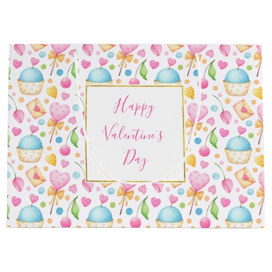 Hart- en cupcakes Waterverf-patroon Groot Cadeauzakje (Voorkant)