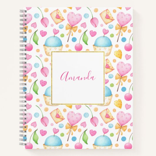 Hart- en cupcakes Waterverf-patroon Notitieboek (Voorkant)