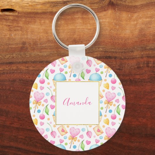 Hart- en cupcakes Waterverf-patroon Sleutelhanger (Voorkant)