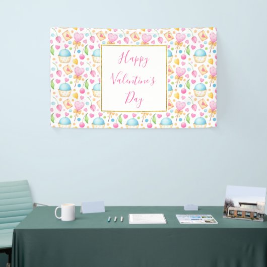 Hart- en cupcakes Waterverf-patroon Spandoek (Beurs)