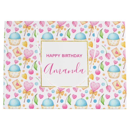 Hart- en Cupcakes Waterverf Pattern Birthday Groot Cadeauzakje (Voorkant)