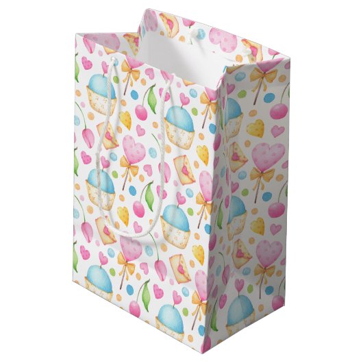 Hart- en Cupcakes Waterverf Pattern Birthday Medium Cadeauzakje (Achterkant Gekanteld)