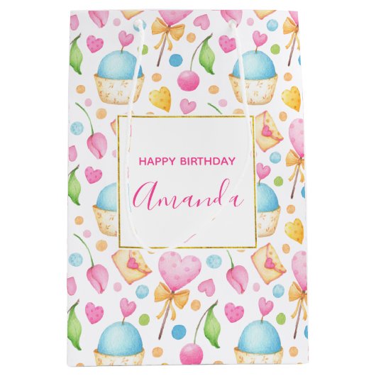 Hart- en Cupcakes Waterverf Pattern Birthday Medium Cadeauzakje (Voorkant)