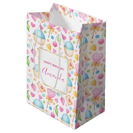 Hart- en Cupcakes Waterverf Pattern Birthday Medium Cadeauzakje (Voorkant Gekanteld)