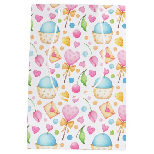 Hart- en Cupcakes Waterverf Pattern Birthday Medium Cadeauzakje (Achterkant)