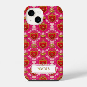 Hart en Kroon Fuchsia Roze Maximalistische Aangepa iPhone 14 Hoesje
