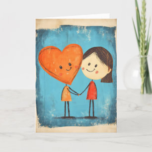 Hart en meisje Schattig Retro Liefde Feestdagen Kaart