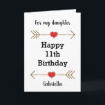 Hart en pijlen Happy 11th Birthday Daughter Kaart<br><div class="desc">Een gepersonaliseerde Happy 11th verjaardagskaart voor dochter, die je gemakkelijk kunt personaliseren met haar naam. Voorzien van gouden glitter pijlen met rode harten. Let op: er staat geen echte glitter op de verjaardagskaart, maar een ontwerp-effect. In deze 11e verjaardag kleindochter kaart leest een verjaardagsbericht, die u ook kunt personaliseren indien...</div>