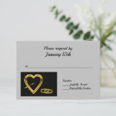 Hart en ringen in goud op zwarte moderne RSVP (Staand voorkant)