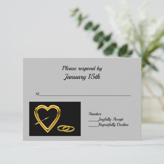 Hart en ringen in goud op zwarte moderne RSVP (Staand voorkant)