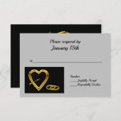 Hart en ringen in goud op zwarte moderne RSVP (Voorkant / Achterkant)