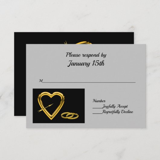 Hart en ringen in goud op zwarte moderne RSVP (Voorkant / Achterkant)