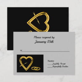 Hart en ringen in goud op zwarte moderne RSVP Kaartje