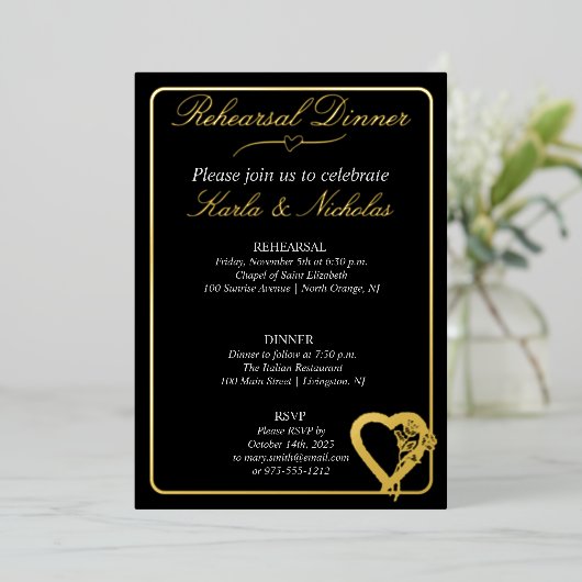 Hart- en Roos-bloemen Folie Uitnodiging (Staand Voorkant)