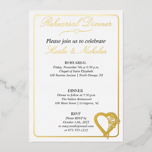 Hart- en Roos-bloemen Folie Uitnodiging (Voorkant)