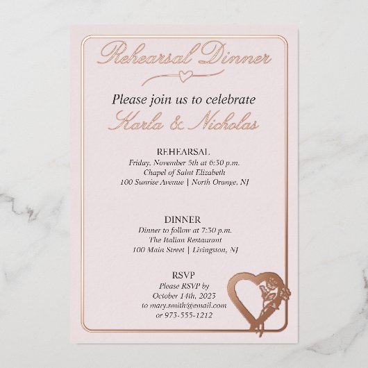 Hart- en Roos-bloemen Folie Uitnodiging (Voorkant)