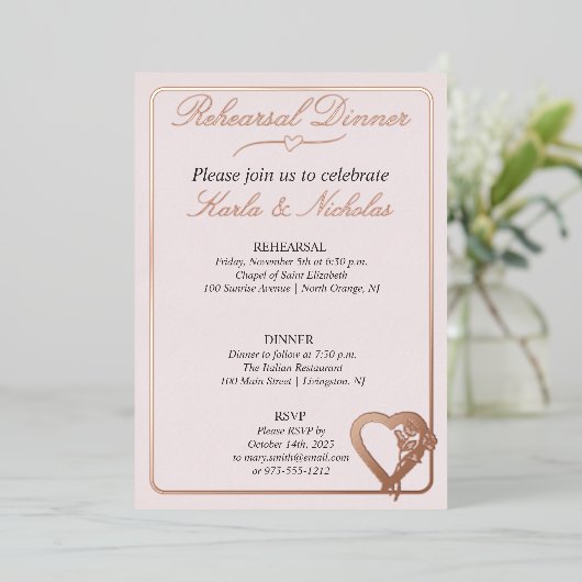 Hart- en Roos-bloemen Folie Uitnodiging (Staand Voorkant)