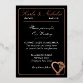 Hart- en Roos-bloemen, legant zwart huwelijk Folie Uitnodiging (Voorkant)