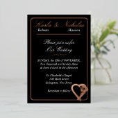 Hart- en Roos-bloemen, legant zwart huwelijk Folie Uitnodiging (Staand Voorkant)