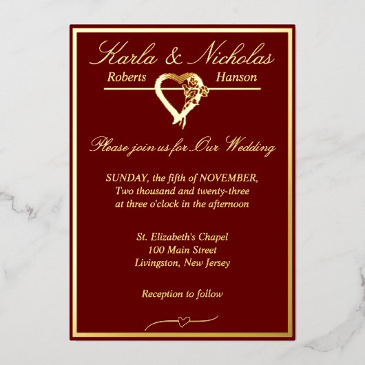 Hart en Rozen, Bourgogne bruiloft Gold Full Folie Uitnodiging (Voorkant)