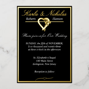 Hart en Rozen, Elegant Black Wedding, brede rand Folie Uitnodiging
