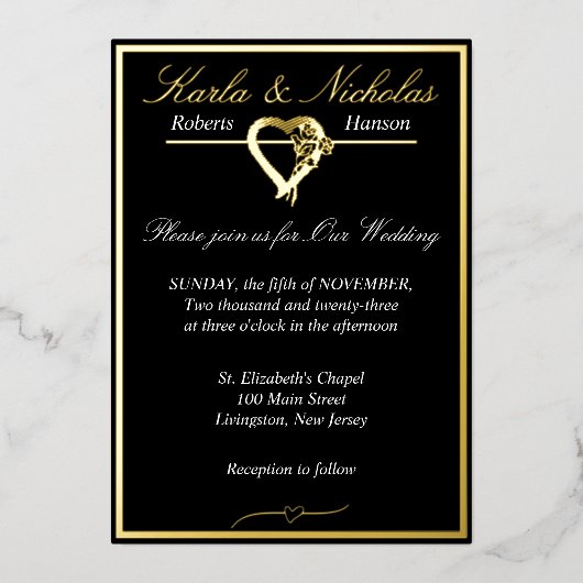 Hart en Rozen, Elegant Black Wedding, brede rand Folie Uitnodiging (Voorkant)