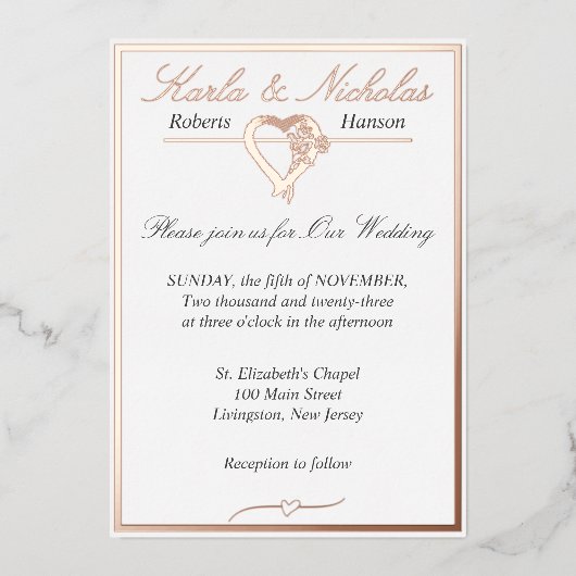 Hart en Rozen, Elegant White Wedding Folie Uitnodiging (Voorkant)