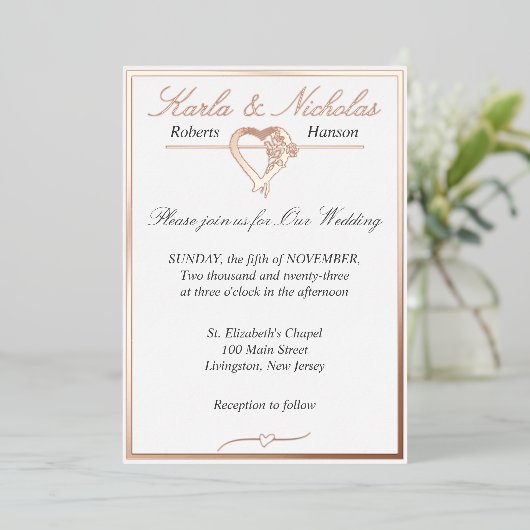 Hart en Rozen, Elegant White Wedding Folie Uitnodiging (Staand Voorkant)