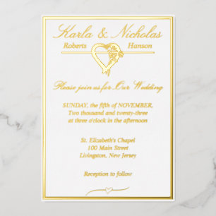 Hart en Rozen, Elegant White Wedding, Gold Full Folie Uitnodiging