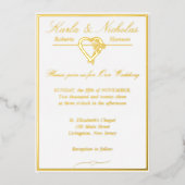 Hart en Rozen, Elegant White Wedding, Gold Full Folie Uitnodiging (Voorkant)
