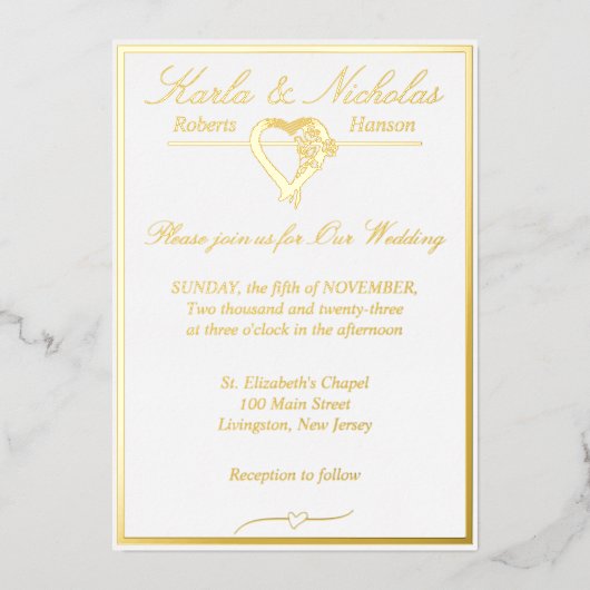 Hart en Rozen, Elegant White Wedding, Gold Full Folie Uitnodiging (Voorkant)