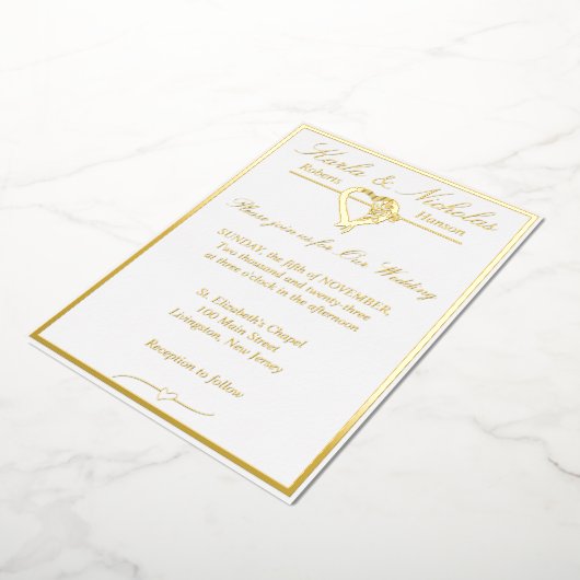 Hart en Rozen, Elegant White Wedding, Gold Full Folie Uitnodiging (Gedraaid)