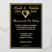 Hart en Rozen, formeel zwart huwelijk, Gold Full Folie Uitnodiging (Voorkant)