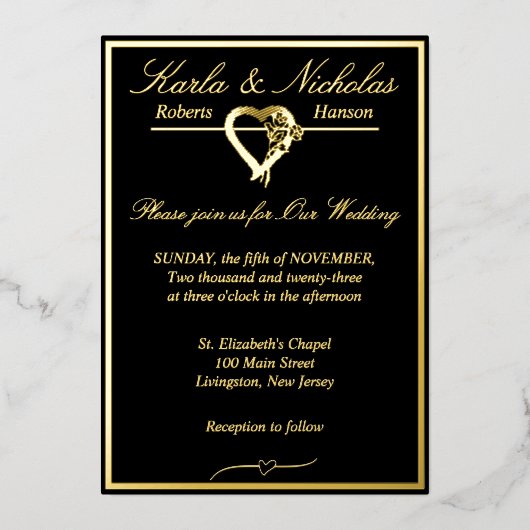 Hart en Rozen, formeel zwart huwelijk, Gold Full Folie Uitnodiging (Voorkant)