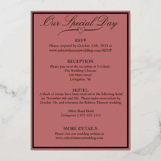 Hart en Rozen, kaneel Roos bruiloft Folie Uitnodiging (Achterkant)