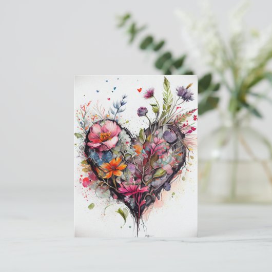  hart en waterverf Bloemen romantische kaart (Staand voorkant)