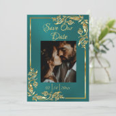 Hart, Foto & Goud Lijst op Blauwgroen Save The Date (Staand voorkant)