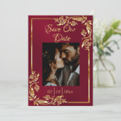 Hart, Foto & Goud Lijst op Bourgondië Save The Date (Staand voorkant)
