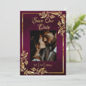 Hart, Foto & Goud Lijst op Donker Paarse Save The Date (Staand voorkant)