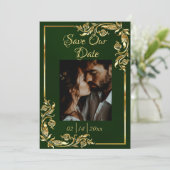 Hart, Foto & Goud Lijst op Smaragd Save The Date (Staand voorkant)