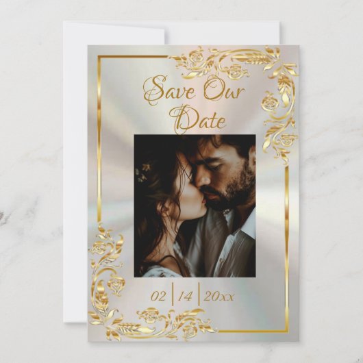 Hart, Foto & Goud Lijst op White Pearl Save The Date (Voorkant)