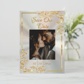 Hart, Foto & Goud Lijst op White Pearl Save The Date (Staand voorkant)