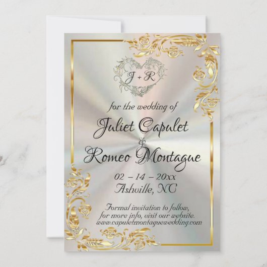 Hart, Foto & Goud Lijst op White Pearl Save The Date (Achterkant)