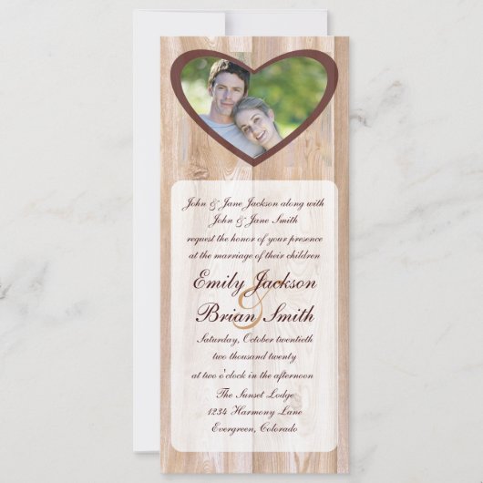 Hart foto insert rustieke houten bruiloft uitnodig kaart (Voorkant)